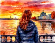Женщина смотрит на Петербург с моста