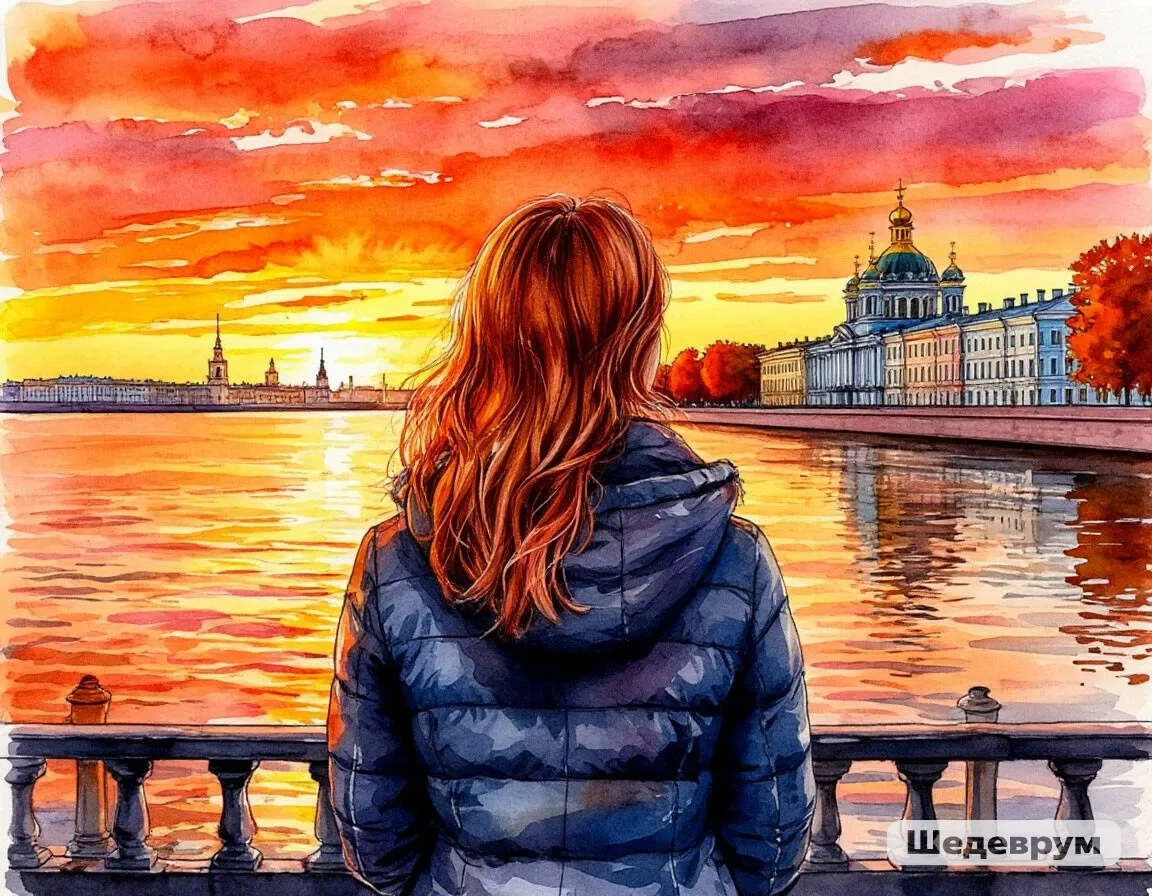 Женщина смотрит на Петербург с моста
